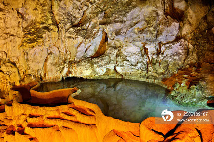 The  Cave of the Lakes  ( Spileo Limnon ) close to Kalavryta town, Achaia, Peloponnese, Greece.