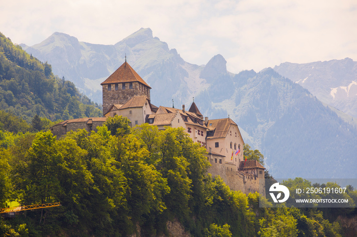 Liechtenstein Castle surrounded by Alps Mountains