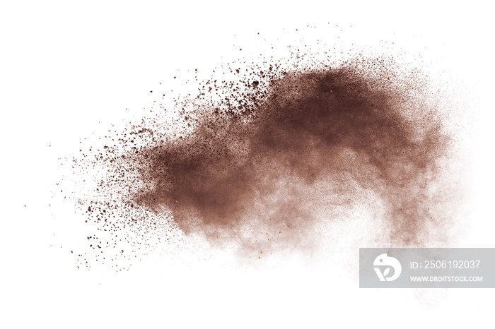 Freeze motion of brown color powder exploding on white background.