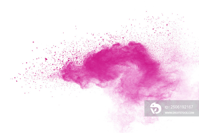 Pink powder explosion on white background. Colored cloud. Colorful dust explode. Paint Holi.