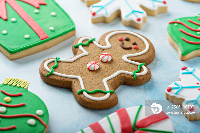 Christmas sugar and gingerbread cookies decorated with royal icing on a light blue surface