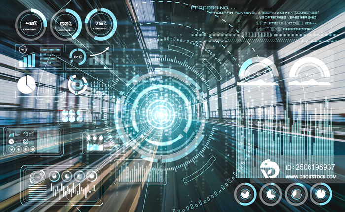 Data analytic concept with high speed motion digital transfer background showing fast big data proce