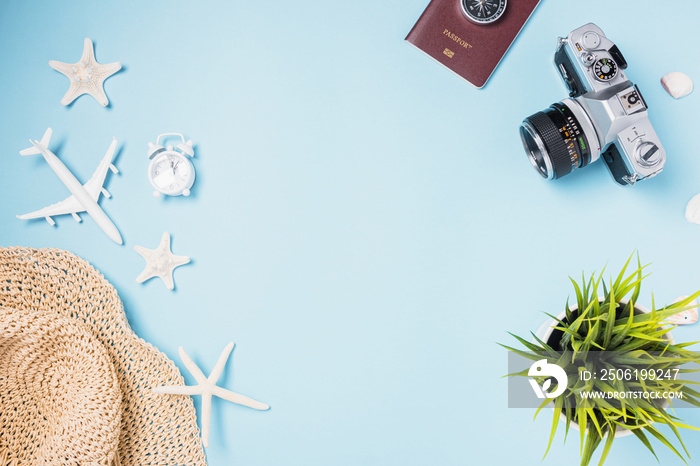 Flat lay top view mockup retro camera films, airplane, starfish, shells, hat traveler tropical acces