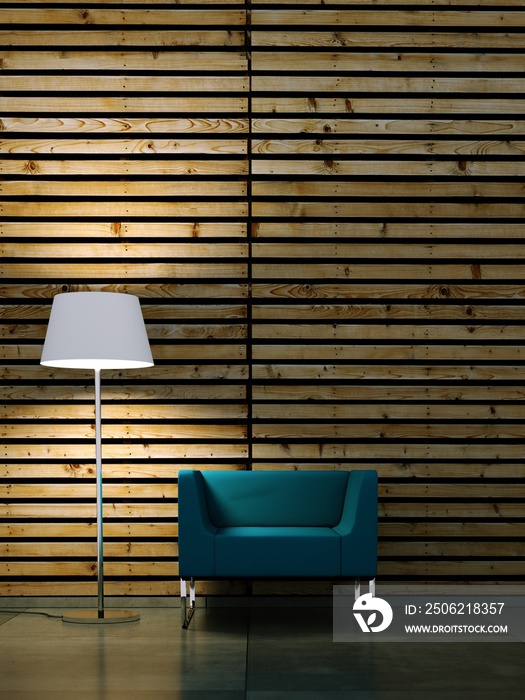 Wohndesign - blauer Sessel vor Holzwand