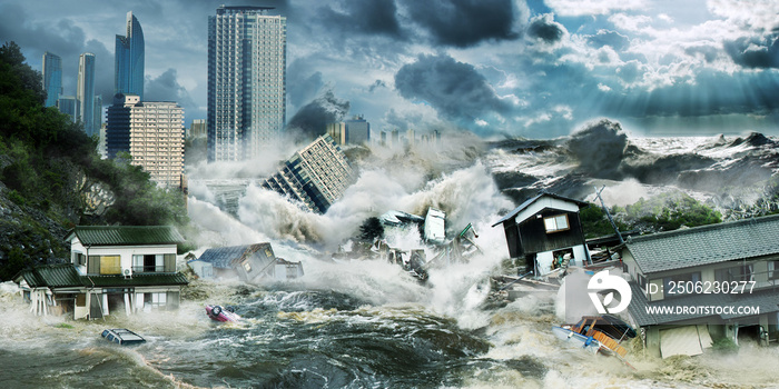 大海啸洪水摧毁了靠近海洋的摩天大楼