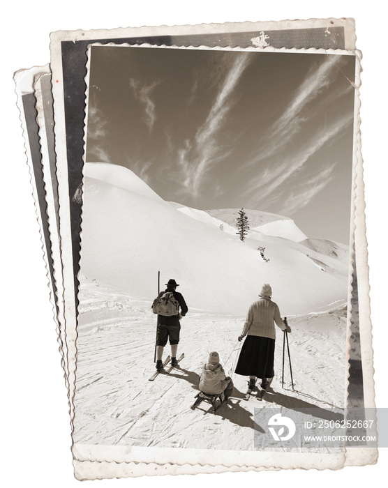 黑白照片，复古照片一家人在雪地里