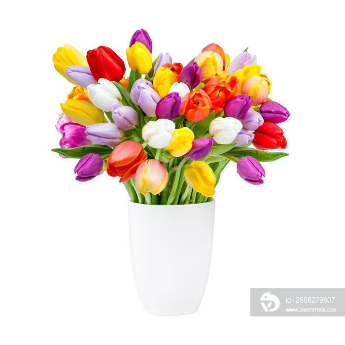 Blumenvase mit Tulpen vor weißem Hintergrund