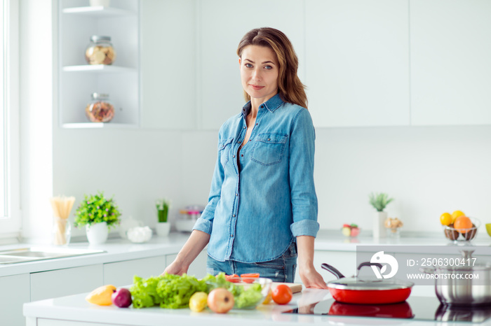 Portrait of her she nice lovely attractive content brown-haired lady ready to make new fresh recipe 