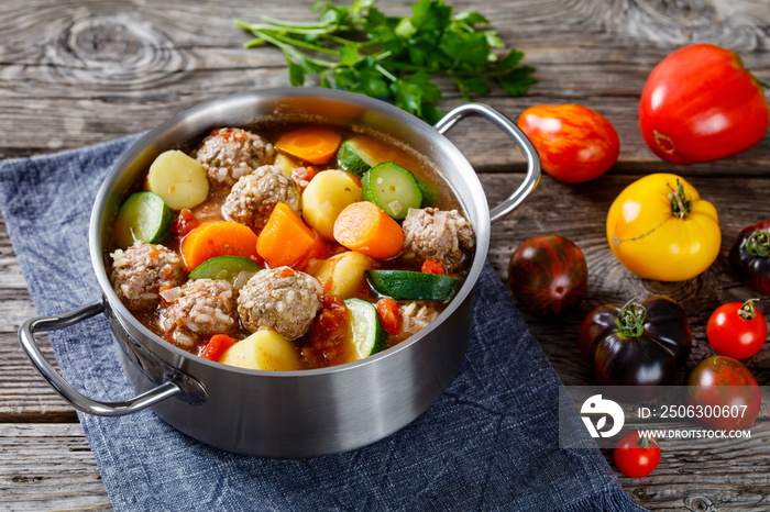 hot mexican meatball vegetable soup, top view