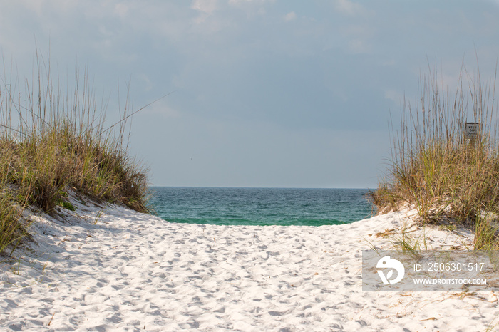 White sand beach path through the dunes to the shore.