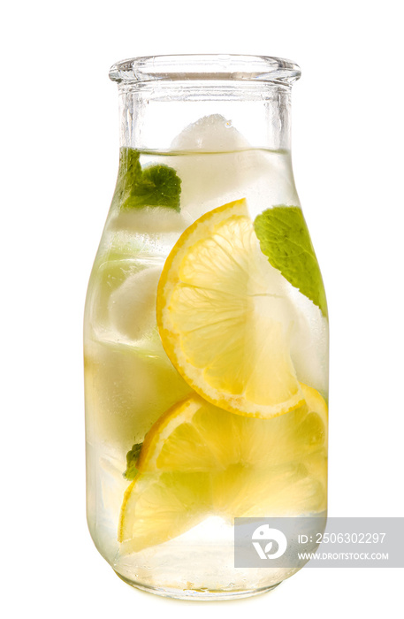 Bottle of fresh lemonade on white background