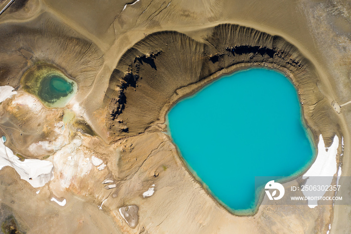 Aerial view of small volcanic Krafla lake with azure water,Iceland