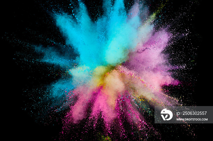 彩色粉末爆炸。背景上的抽象特写灰尘。彩色爆炸。油漆霍利