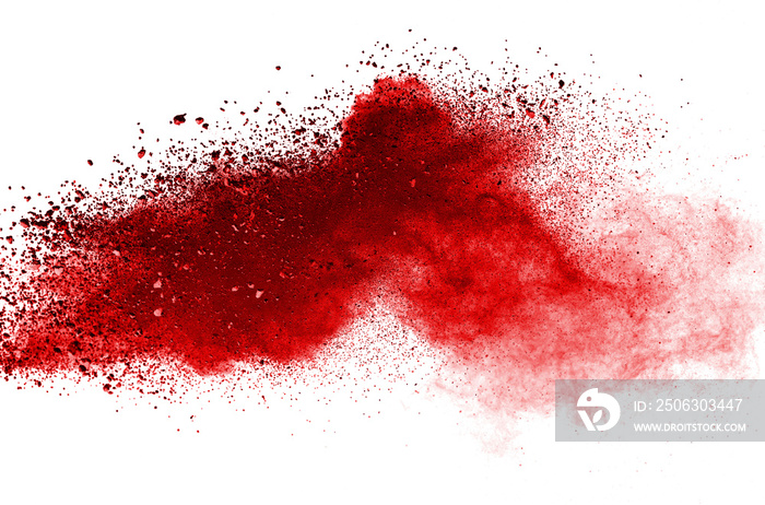 Red powder explosion on white background. Colored cloud. Colorful dust explode. Paint Holi.