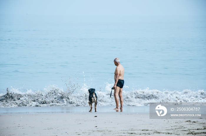 老人和他的狗在海滩上