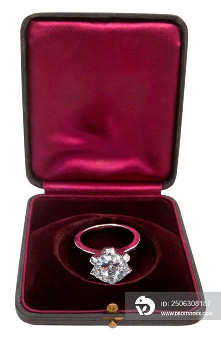 Red velvet ring box with imitation diamond ring