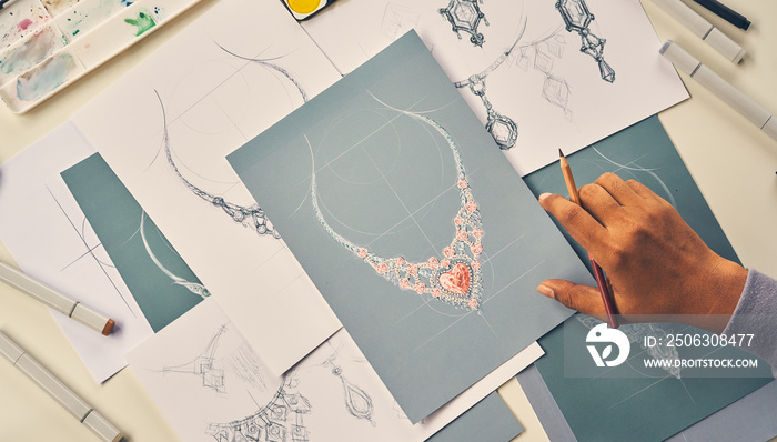 Designer design diamond jewelry drawing sketches making works craft unique handmade luxury necklaces