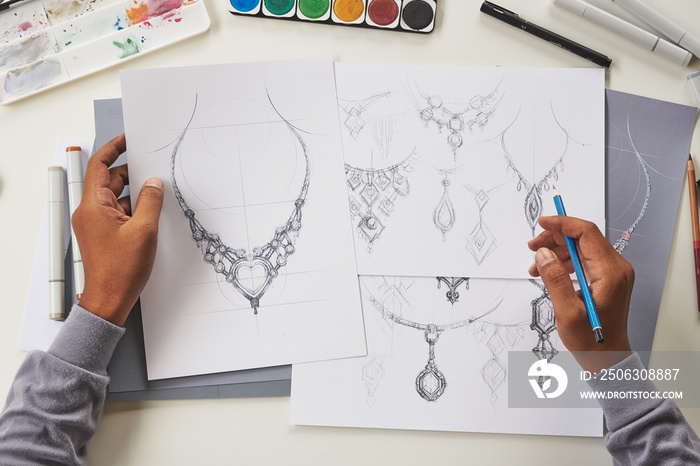 Designer design diamond jewelry drawing sketches making works craft unique handmade luxury necklaces