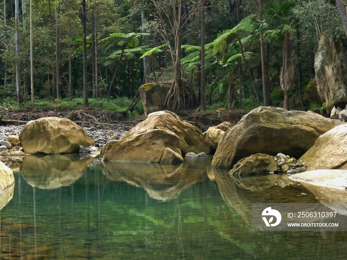 Reflection of rocks and palm trees in river, Carnarvon NP, Queensland, Australia