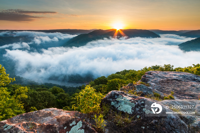 Dramatic spring landscapes in New River Gorge National Park in West Virginia,USA. Clouds  covering t