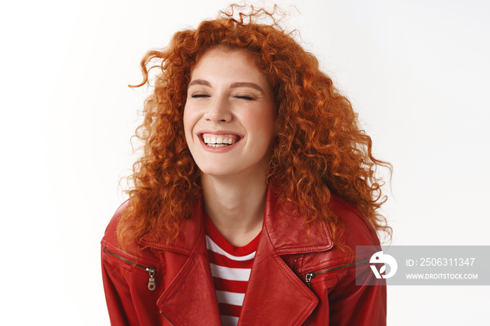 Close-up carefree redhead curly-haired ginger girl express happiness and positivity close eyes laugh