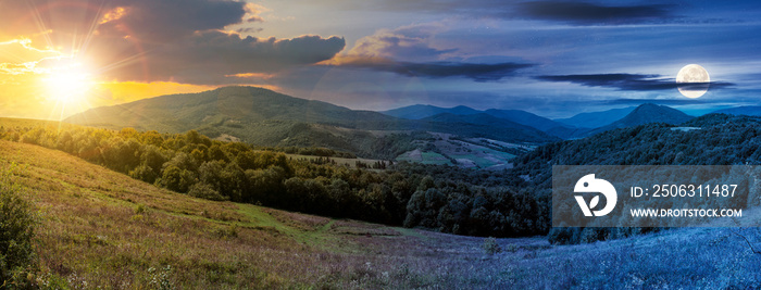 day and night time change concept above carpathian countryside in september at twilight. beautiful m