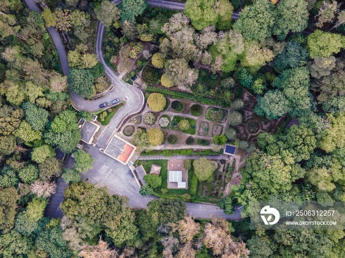 Aerial view of the garden inside Pena Palace castle among the forest trees, SIntra, Lisbon, Portugal