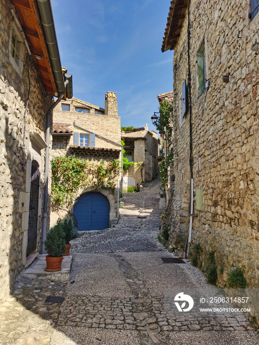 Mirmande, a narrow street in the beautiful medieval village in Provence, south of France.