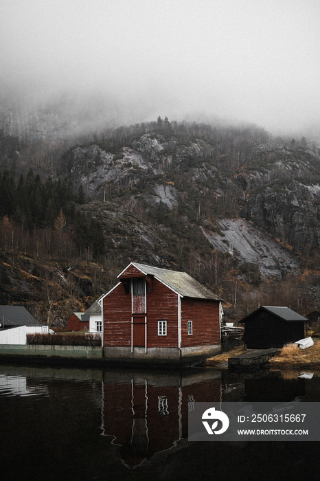 Red cottage in Fjaerland village in Norway