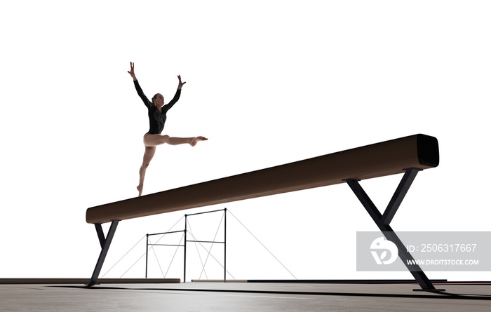 Female gymnast doing a complicated trick isolated on white.