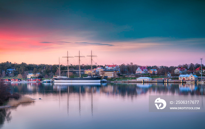 Åland Islands, Baltic Sea Pommern ship at beautiful sunset