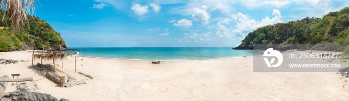 beautiful panorama seascape shot made from a hill of a rocky beach