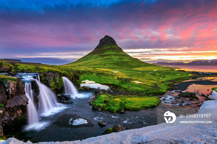 Kirkjufell at sunrise in Iceland.