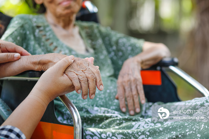 Elderly asian woman on wheelchair at home with daughter take care