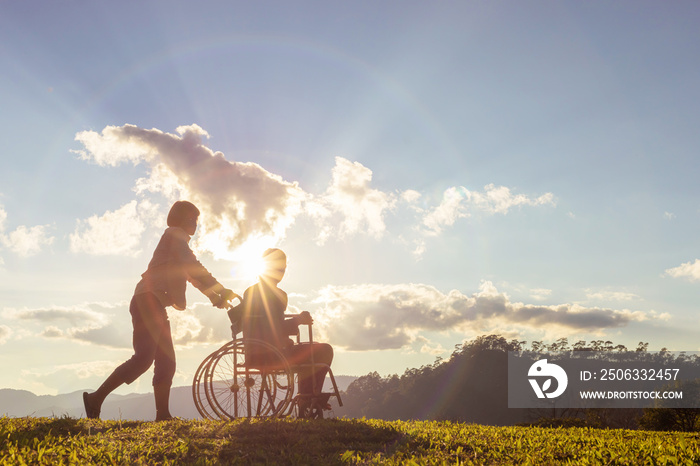 silhouette Disabled handicapped woman in wheelchair and care helper walking on mountain meadow park 