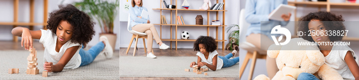 Collage of african american girl looking at camera near teddy bear and playing with wooden blocks on