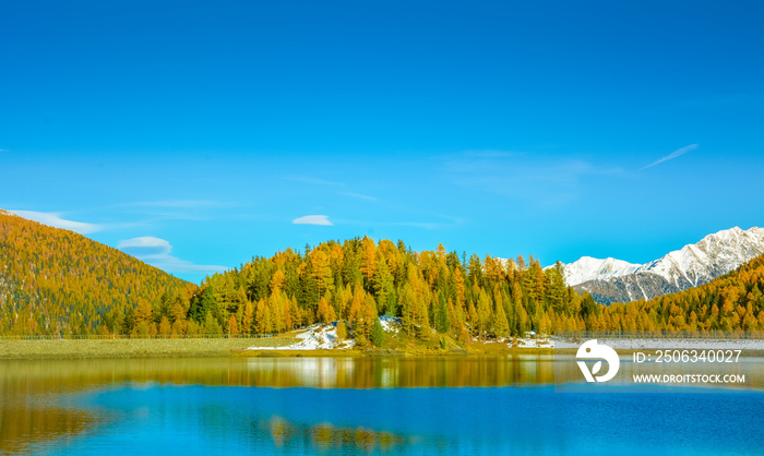 autumn landscape in Ultental ( Ultimo Valley) with a trees in autumn colors.the little Lake Fontana 