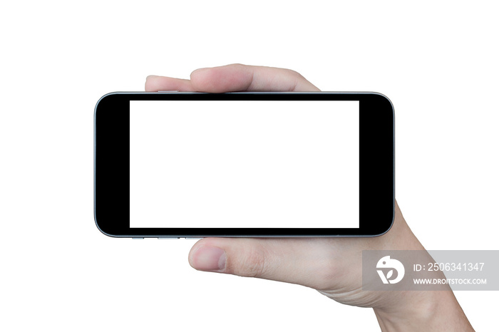 Hand holding black smartphone with blank screen isolated on white background.