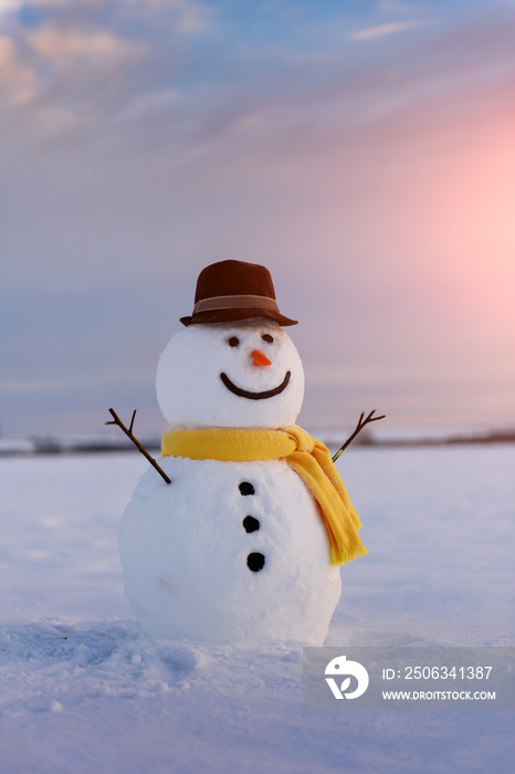 Funny snowman in yellow hat