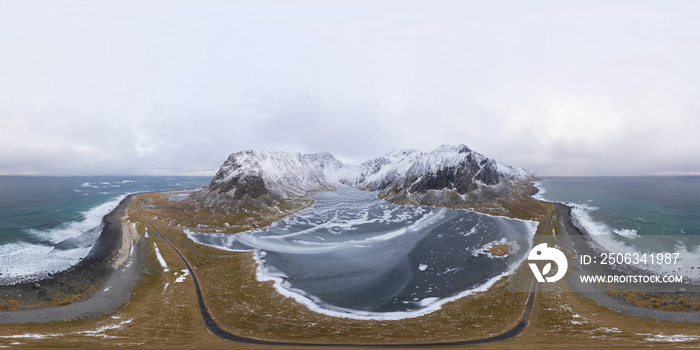 360 panorama by 180 degrees angle seamless panorama of aerial view of white snow mountain in Lofoten