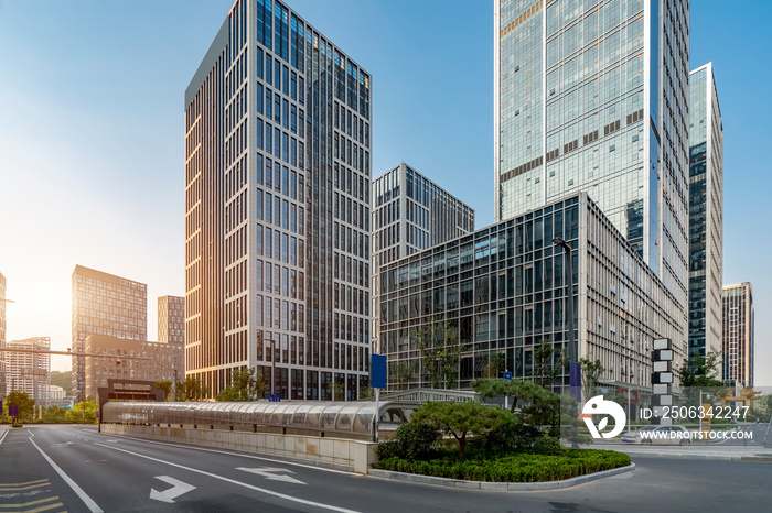 Streets and office buildings of Jinan central business district..