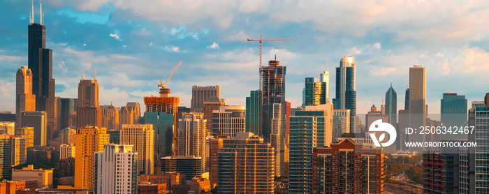 Downtown chicago cityscape skyscrapers skyline at sunset