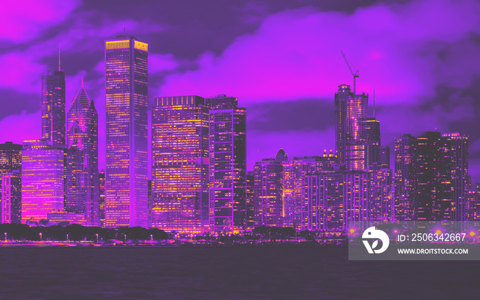 Downtown Chicago cityscape skyline at night with Lake Michigan in the foreground synth wave style