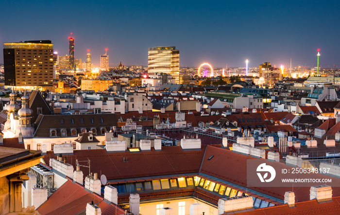 Aerial view over the cityscape of Vienna at night