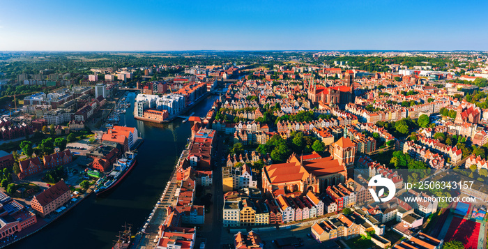 Aerial view of Gdansk old town with Wyspa Spichrzow in Poland