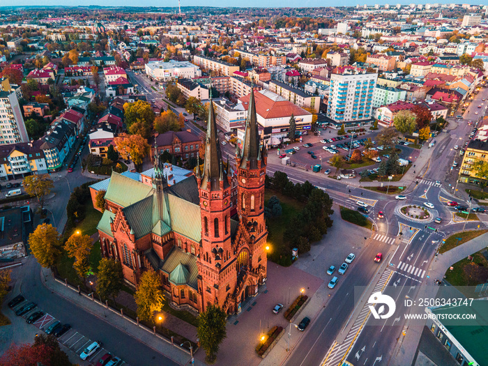 Cityscape  Downtown of Tarnow in Poland, Aerial Drone View at Sunset.