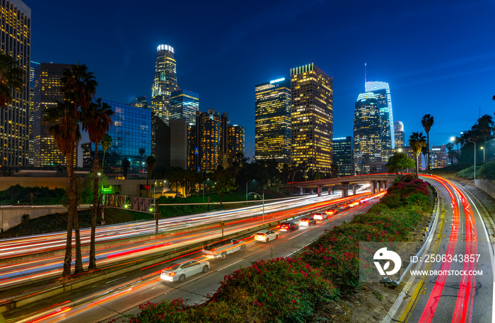 Los Angeles skyline with evening  traffic