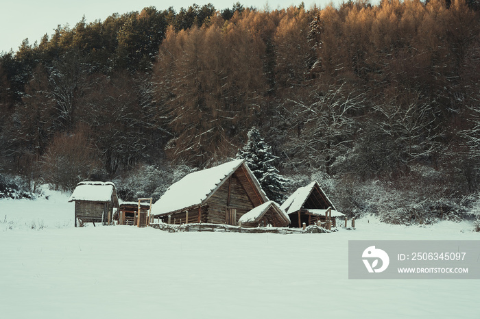 A closeup shot of snow-covered wooden house in the forest