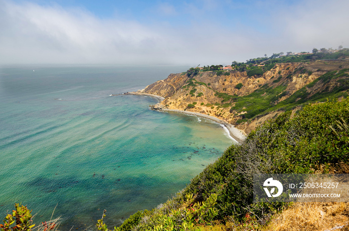 Breathtaking scenic and landscape view of coastline of Rancho Palos Verdes with vegetation and cliff