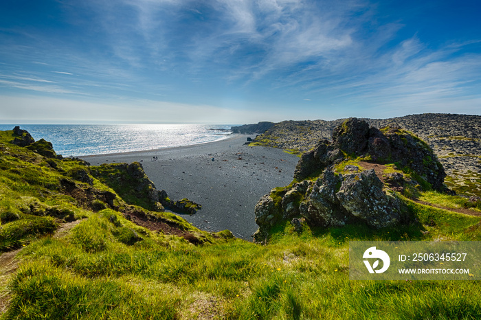 Beautiful view of Black beaches of Dritvík & Djupalonssandur at summer in Snæfellsnes Iceland